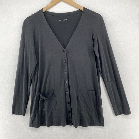 EILEEN FISHER Top XS Silk Cotton Jersey Button Up Cardigan Long Sleeve Gray - Picture 1 of 13